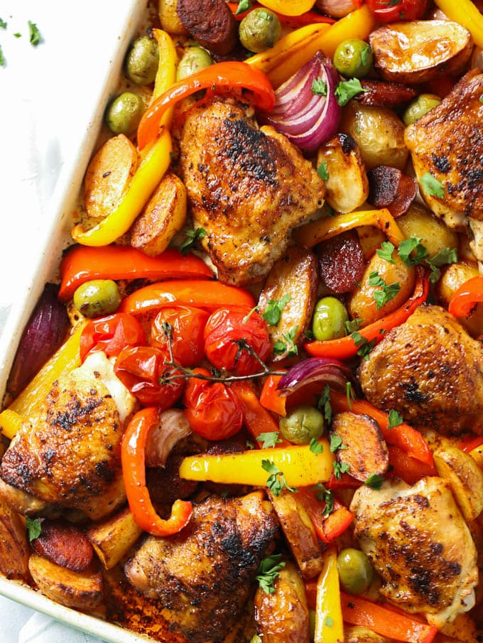 Spanish Chicken and Chorizo Tray Bake Recipe - Quick One Pan Dinner