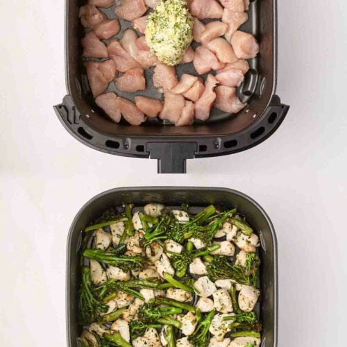 Two air fryer trays showing before and after cooking Garlic Butter Chicken.