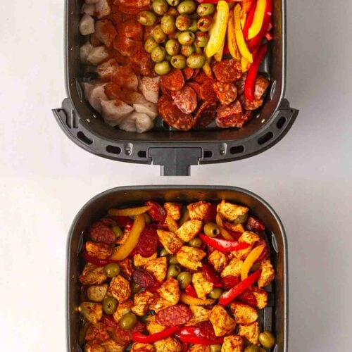 Two air fryers showing before and after for Spanish style traybake. One cooked and one raw.
