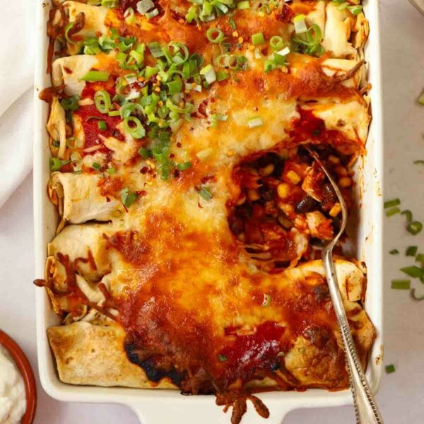 A spoon dishing our Chicken Enchiladas from an ovenproof dish.